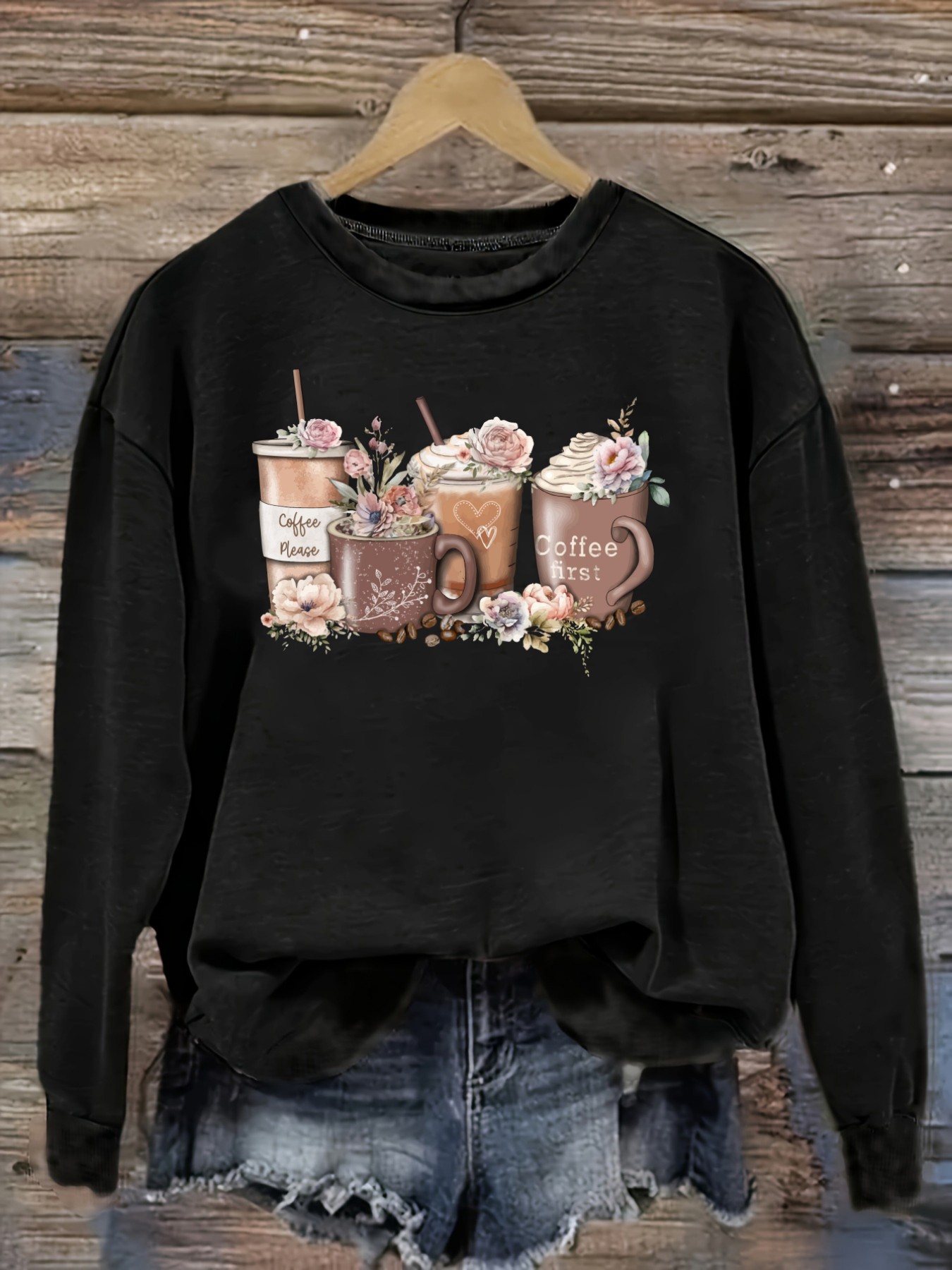 Coffee & Tea Restaurant - Women's Casual Long Sleeve Crew Neck